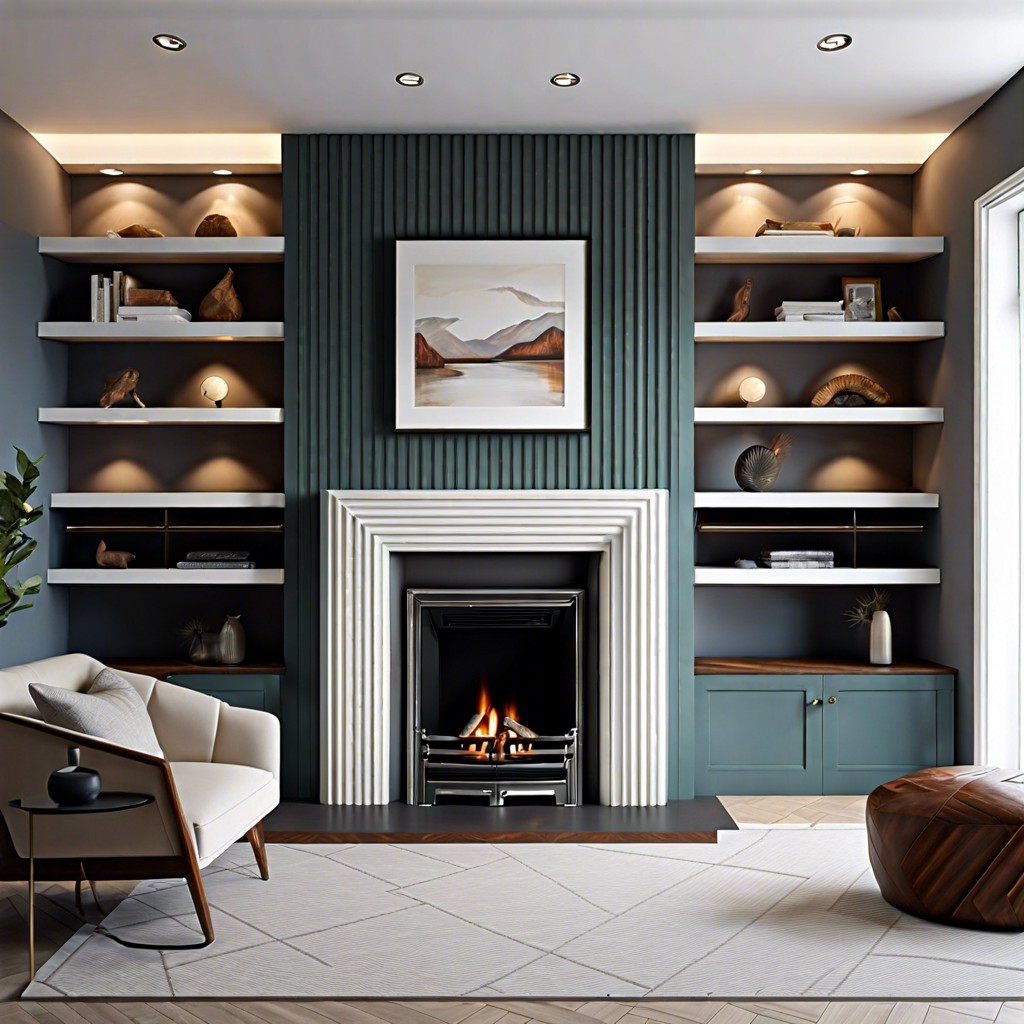 fluted fireplace with built in shelving