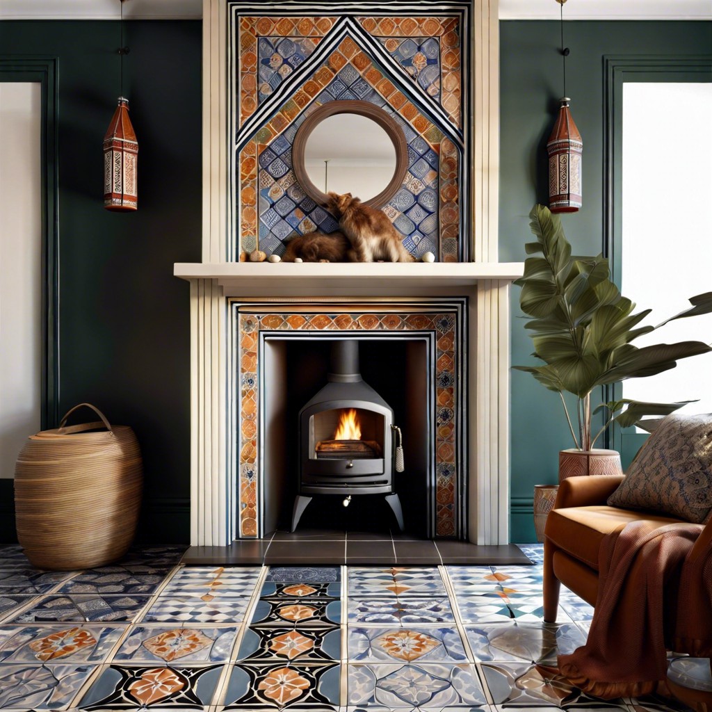 fluted fireplace with morrocan tiles