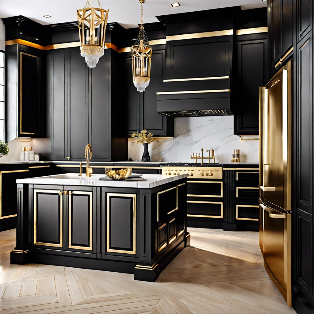 frame black cabinets with gold trim for elegance