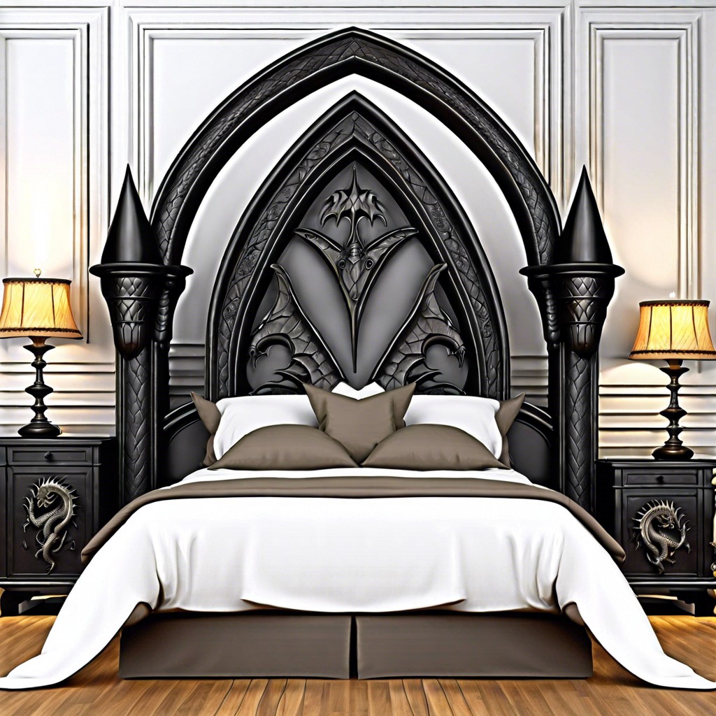 gothic castle arch headboard with carved dragons