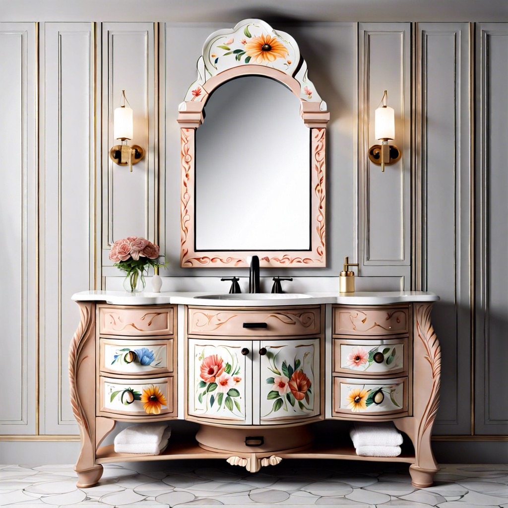 hand painted floral designs on fluted vanity