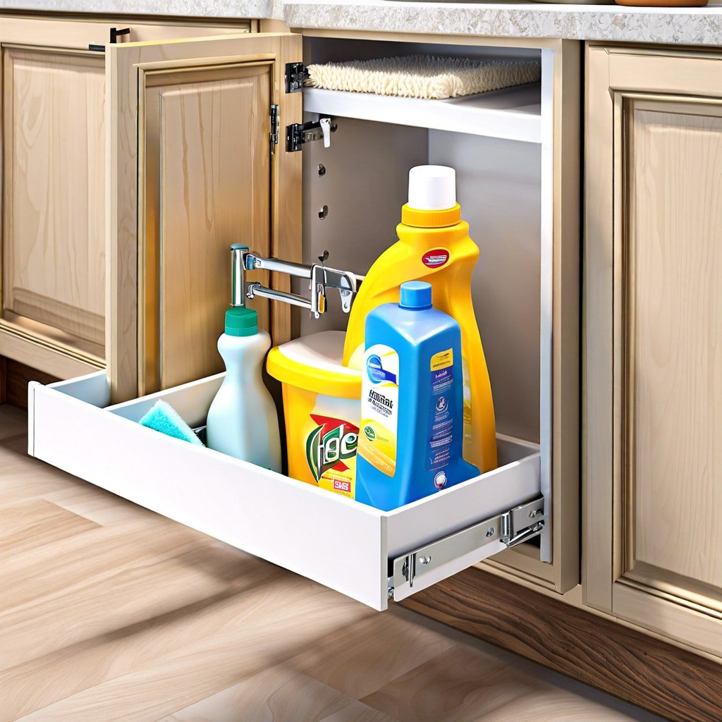 hinged filler storage for cleaning supplies