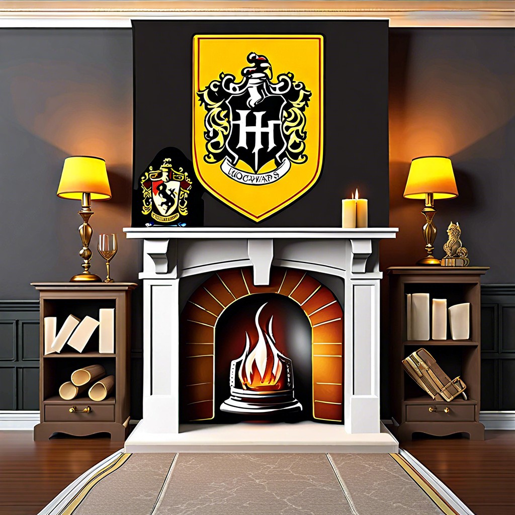 house pride banners hang hogwarts house banners around the mantelpiece