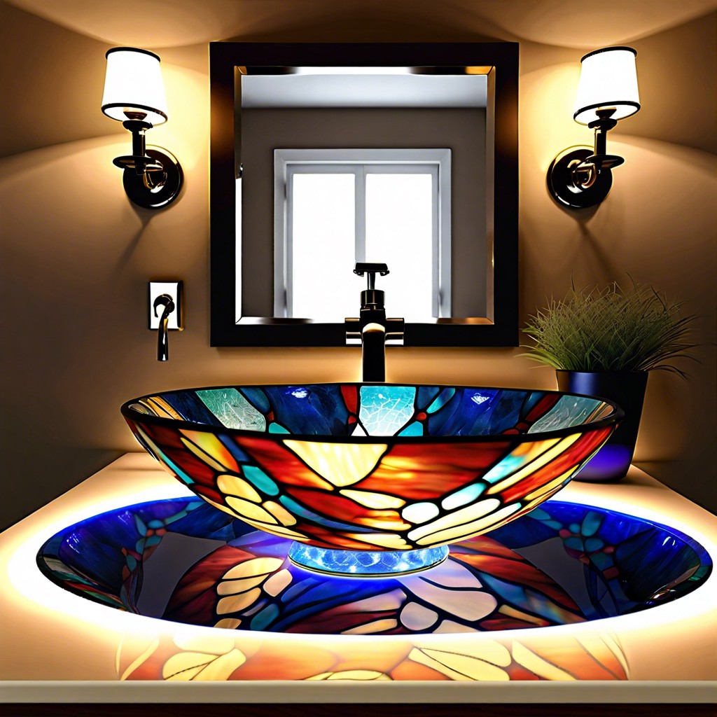 illuminated basin integrating led lighting beneath the stained glass for a glowing effect