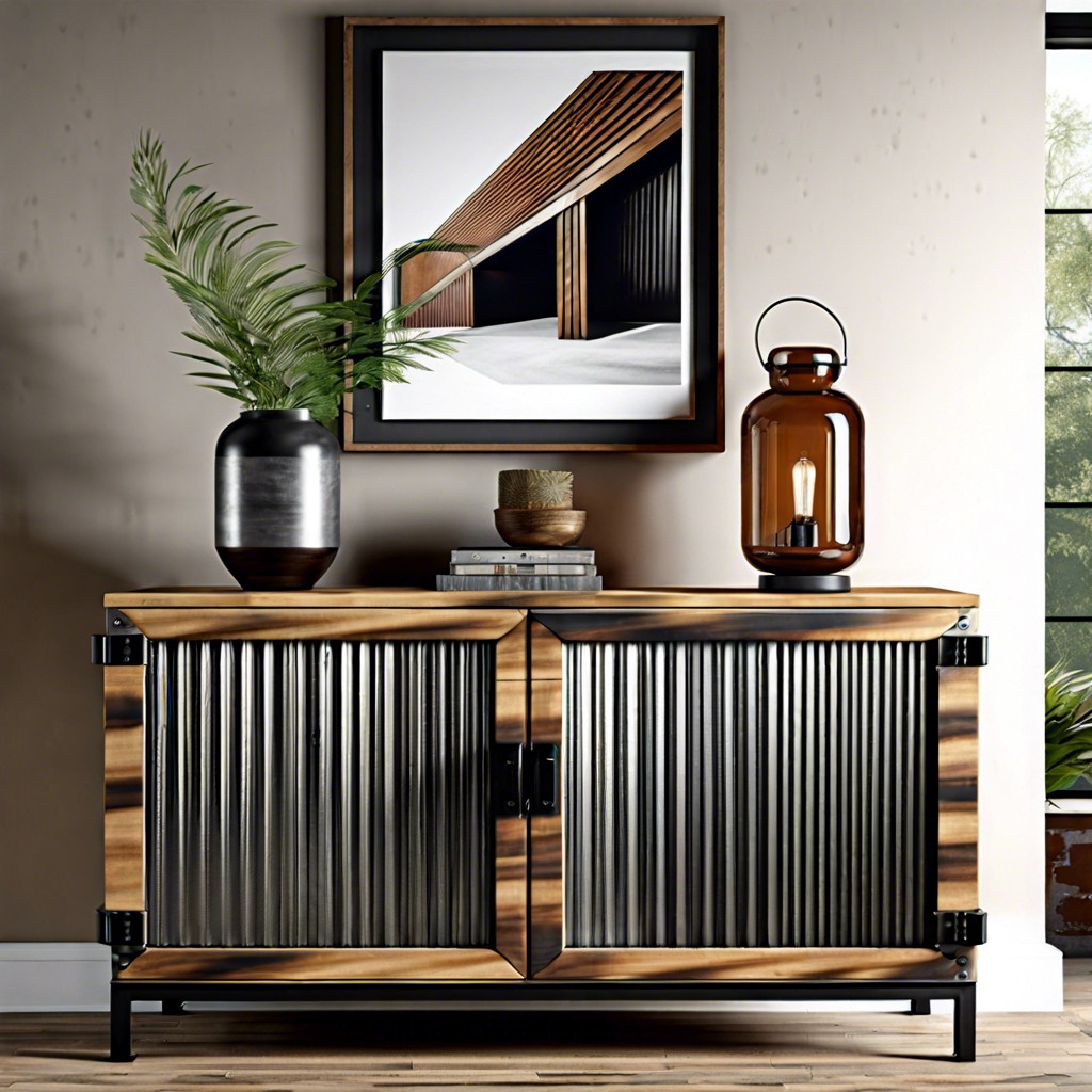 industrial iron and wood fluted credenza