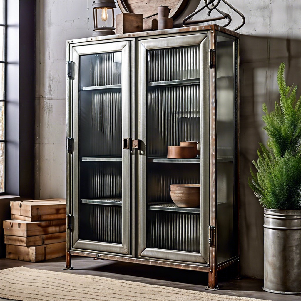 industrial metal and fluted glass cabinet