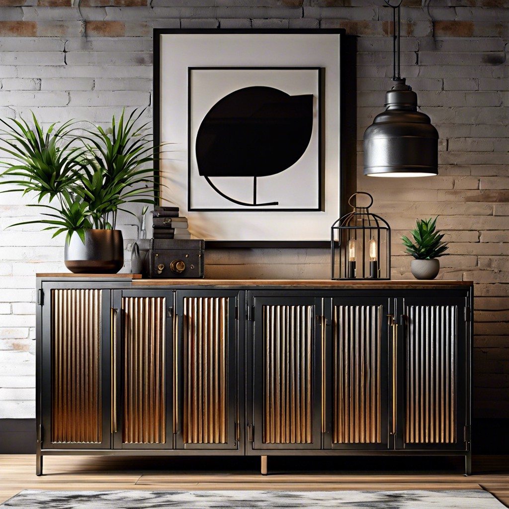 industrial style metal and wood fluted credenza