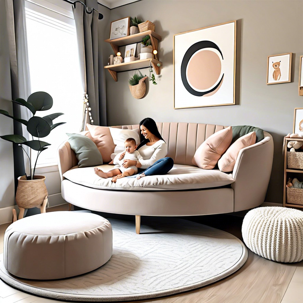 install a circle couch in a nursery as a comforting mother child retreat
