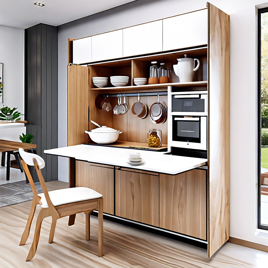 integrate a fold out dining station with built in storage