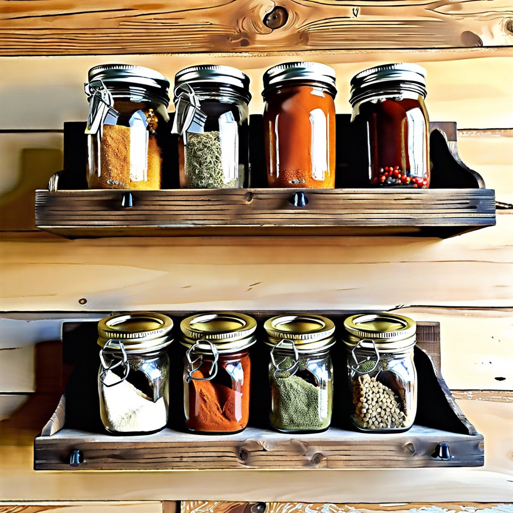 mason jar spice rack on reclaimed wood