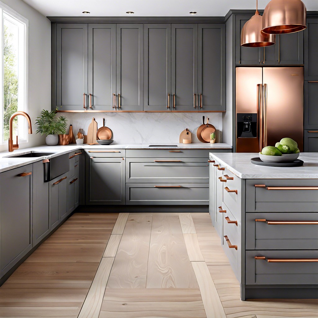 matte grey cabinets with copper accent fixtures