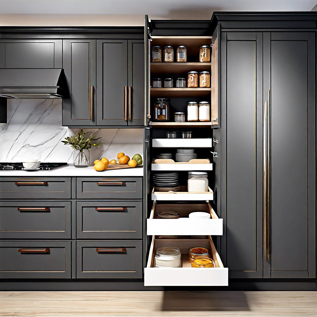 midnight grey cabinets with a pull out pantry