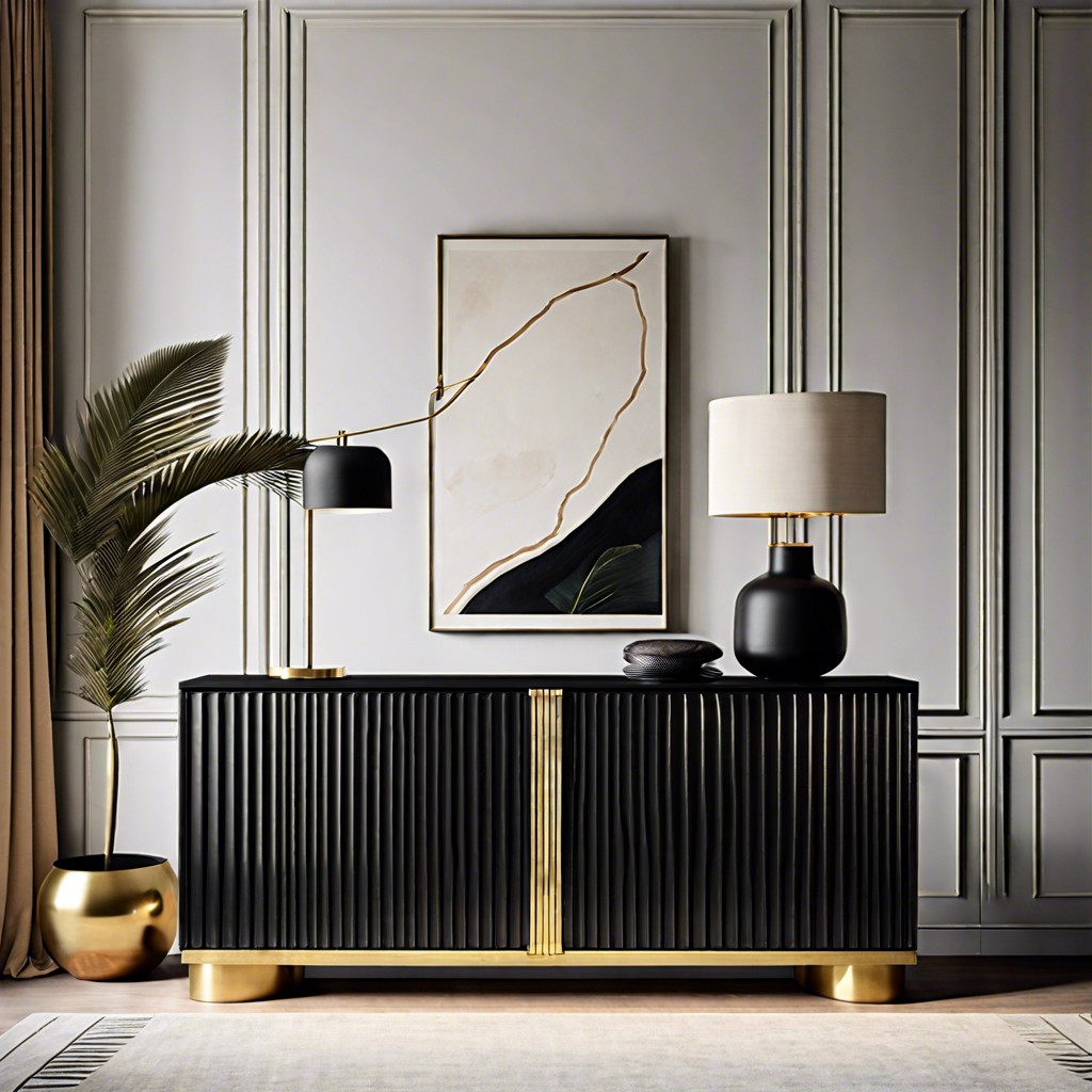minimalist black fluted credenza with brass accents