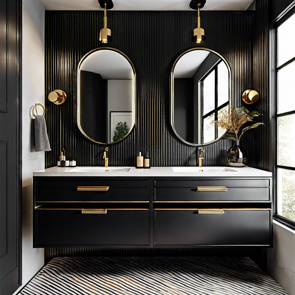 minimalist black fluted vanity with gold accents