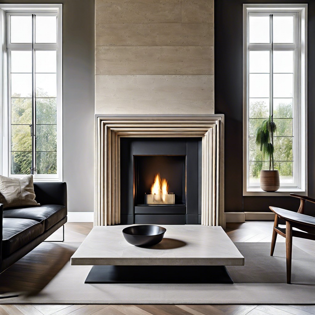 minimalistic fluted limestone fireplace