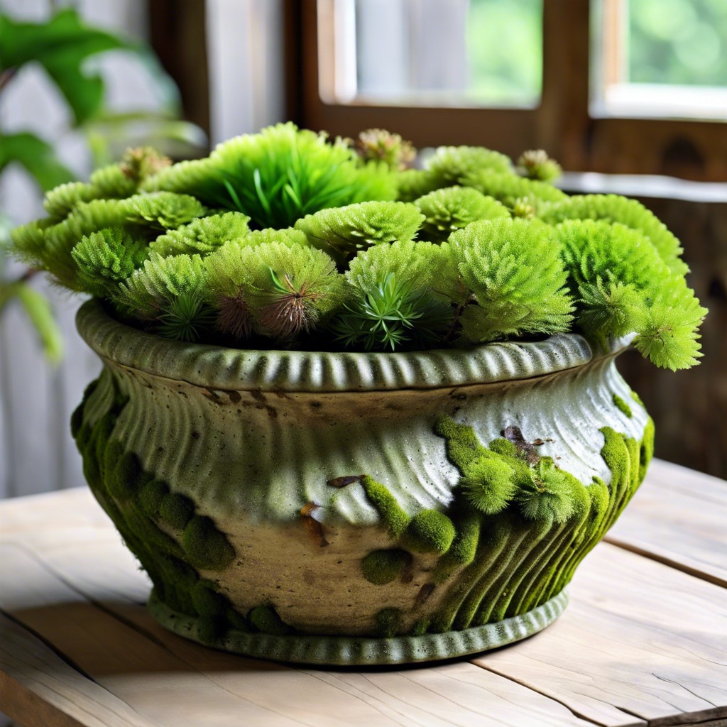 moss covered fluted planter for a rustic appearance