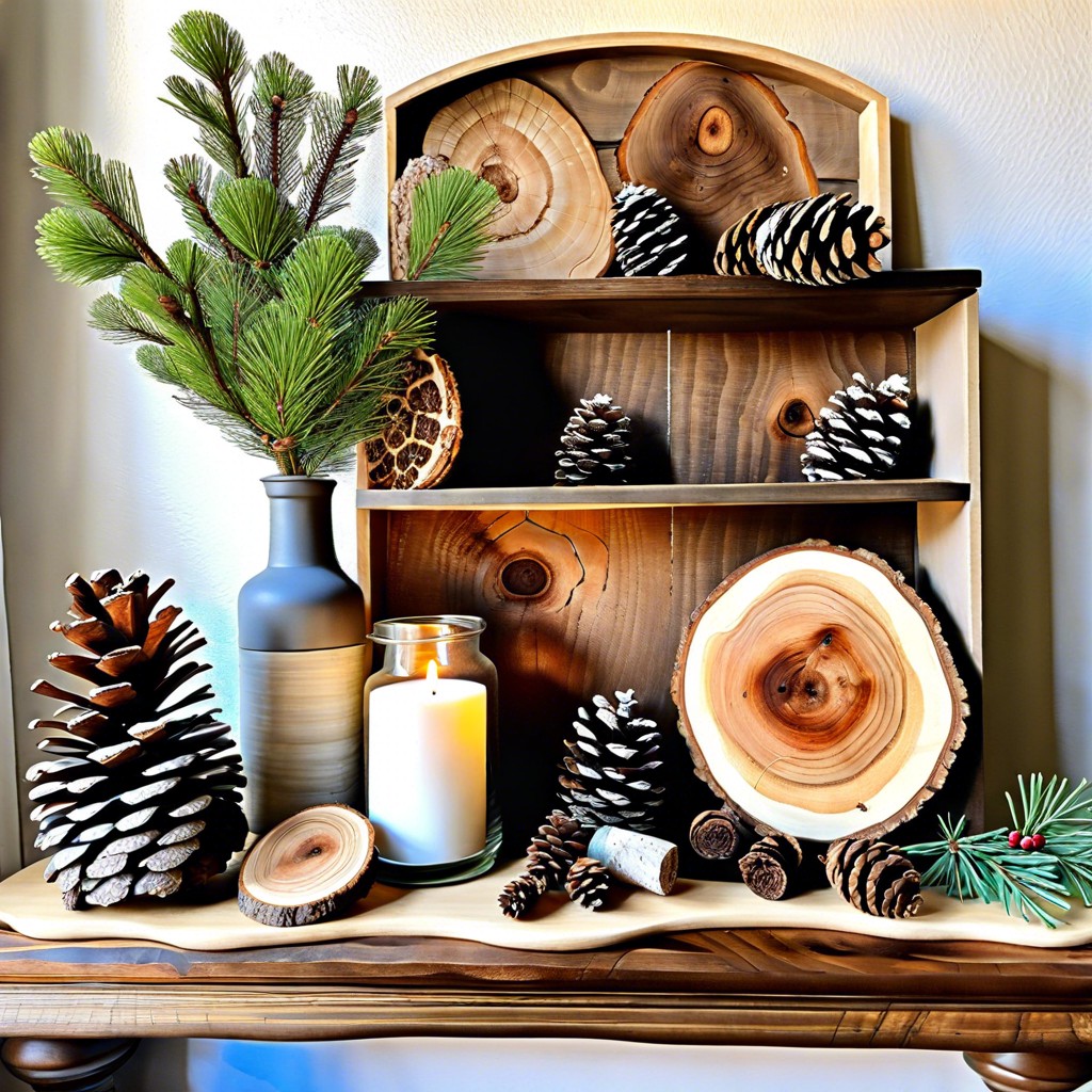 natures nest integrate elements like wood slices pinecones and botanicals