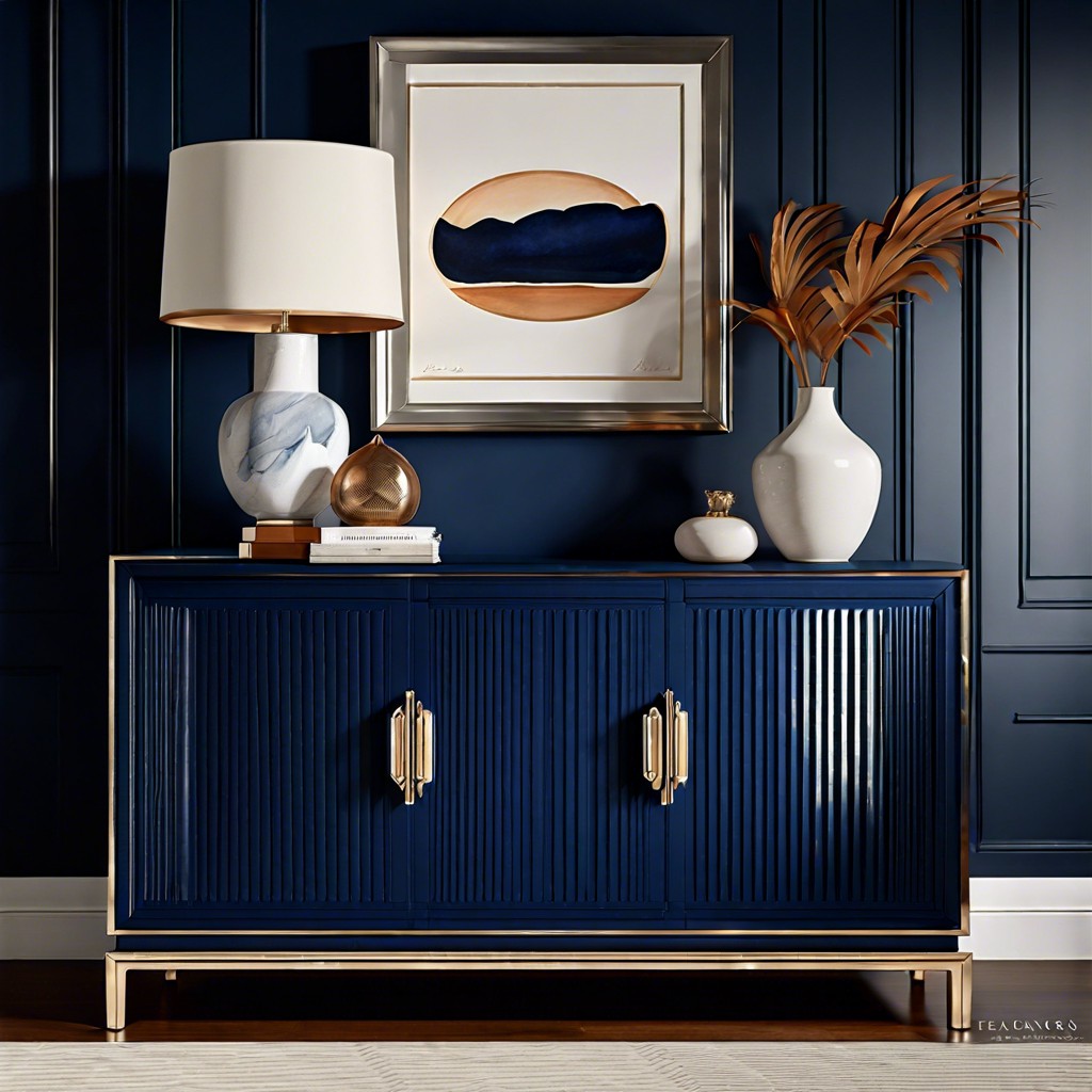 navy blue fluted credenza with nickel hardware
