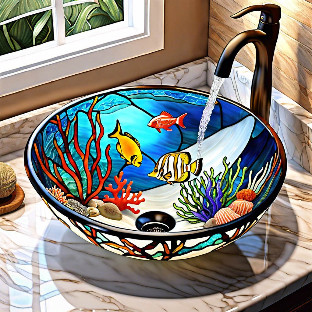 ocean motif a sink with stained glass depicting marine life and corals