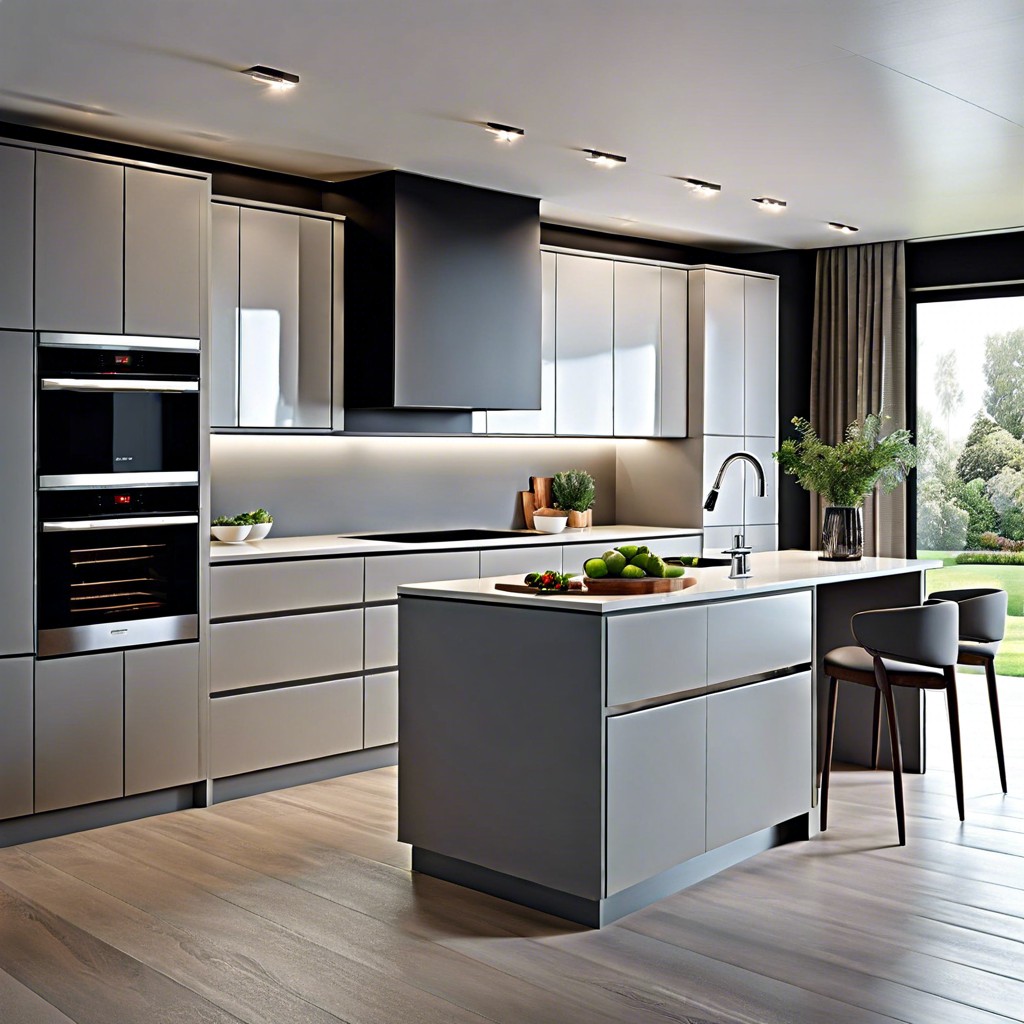 opal grey cabinets with integrated appliances