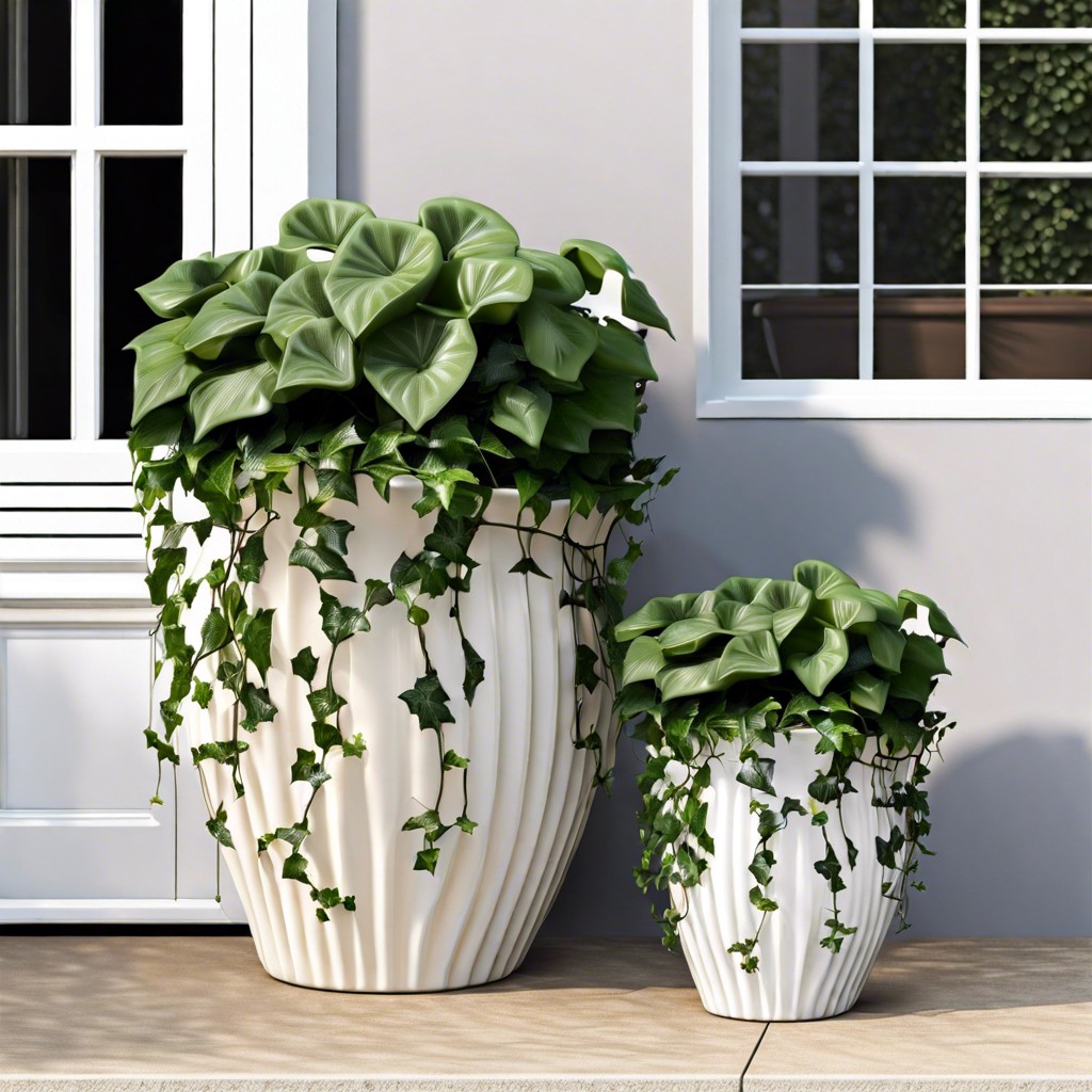 outdoor ceramic fluted planters with ivy