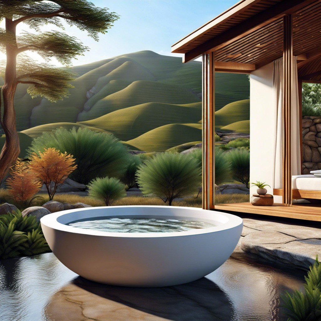 outdoor fluted bathtub with natural stone