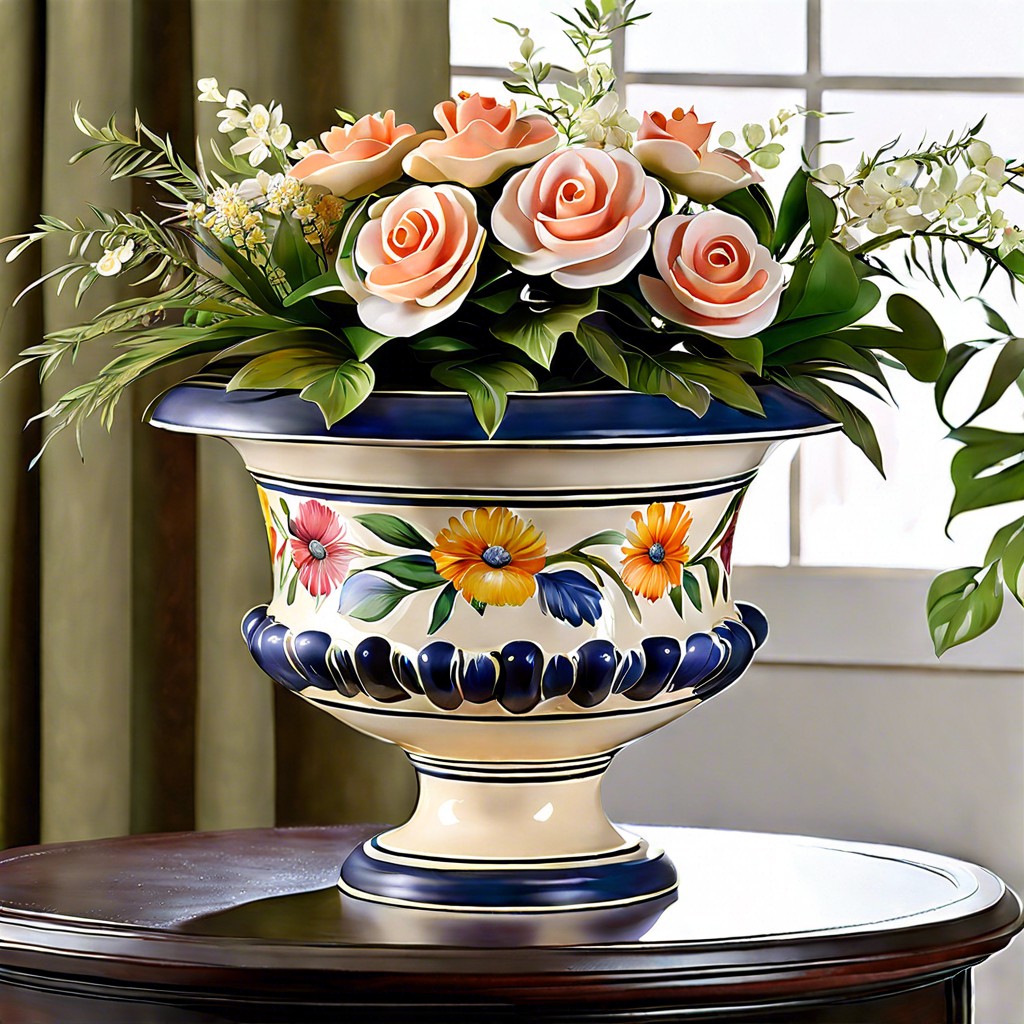 painted pottery fluted planter as a centerpiece