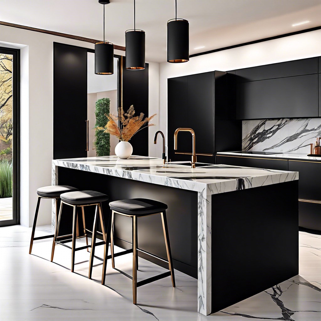 pair black cabinets with a marble waterfall countertop