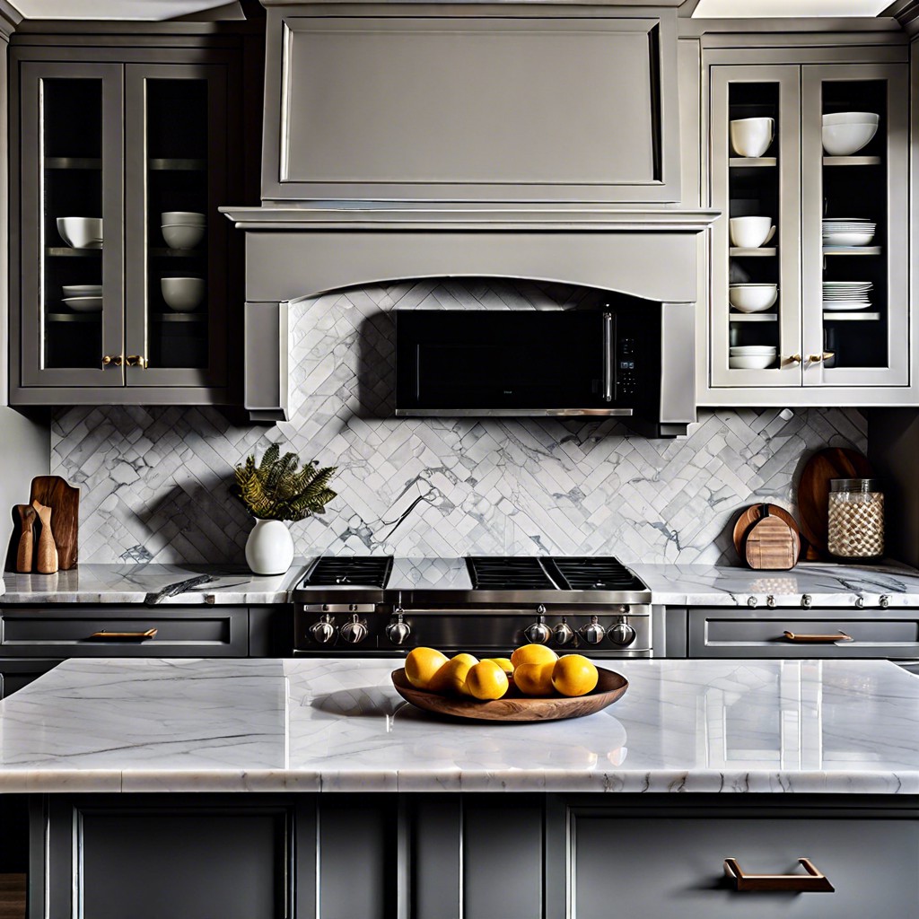 pearl grey cabinets with marble herringbone tiles