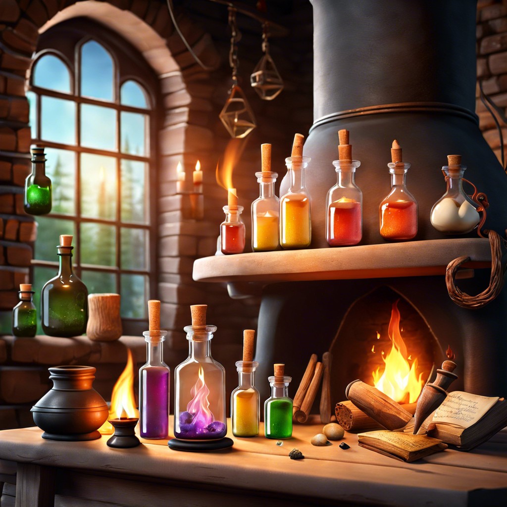 potions class display array of potion bottles and ingredients on the hearth