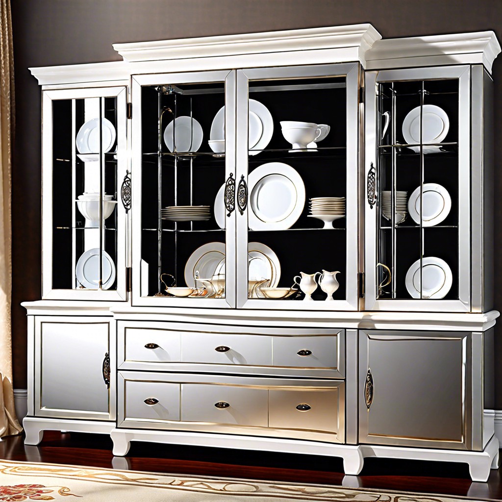 reflective backgrounds use mirrors as the cabinets back wall to create depth and reflect light