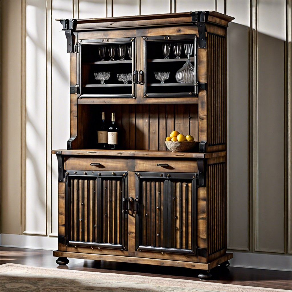 rustic fluted bar cabinet with iron accents