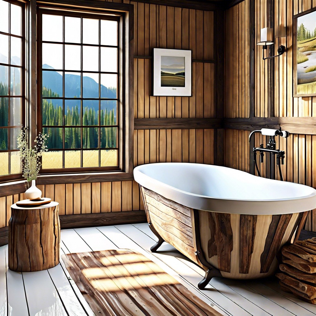 rustic wood paneled fluted bathtub