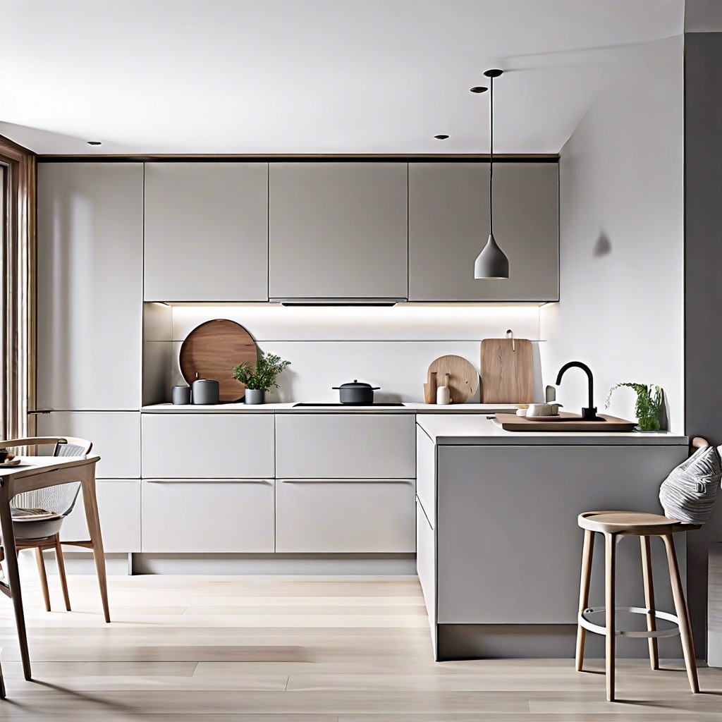scandinavian pale grey cabinets with minimalist handles