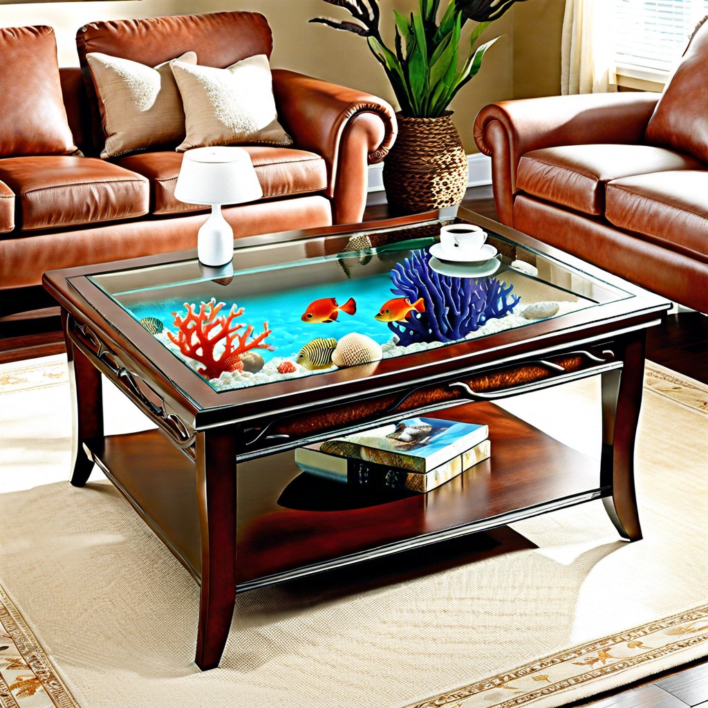 seahorse and coral coffee table with glass top