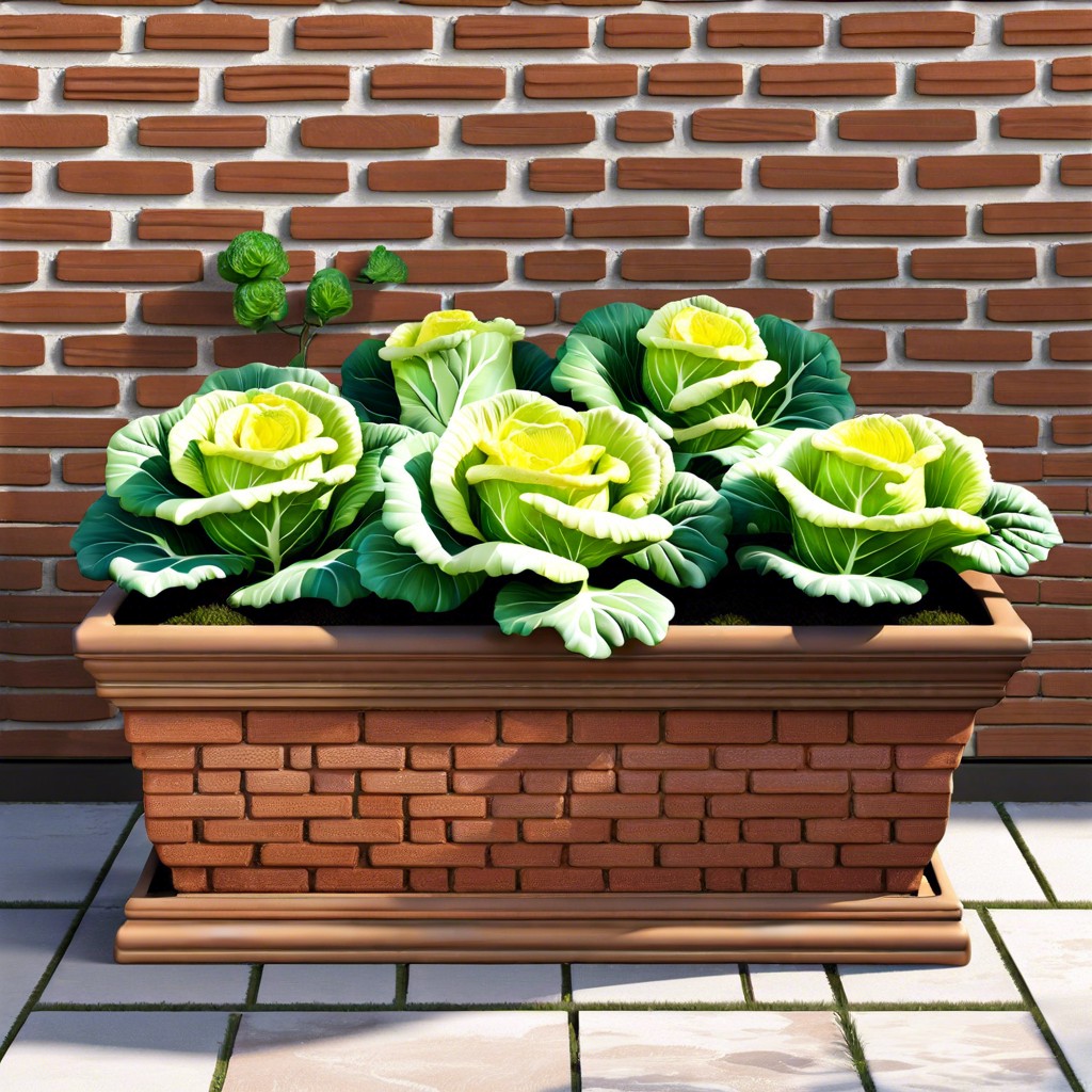 showcasing ornamental cabbages in a brick fluted planter