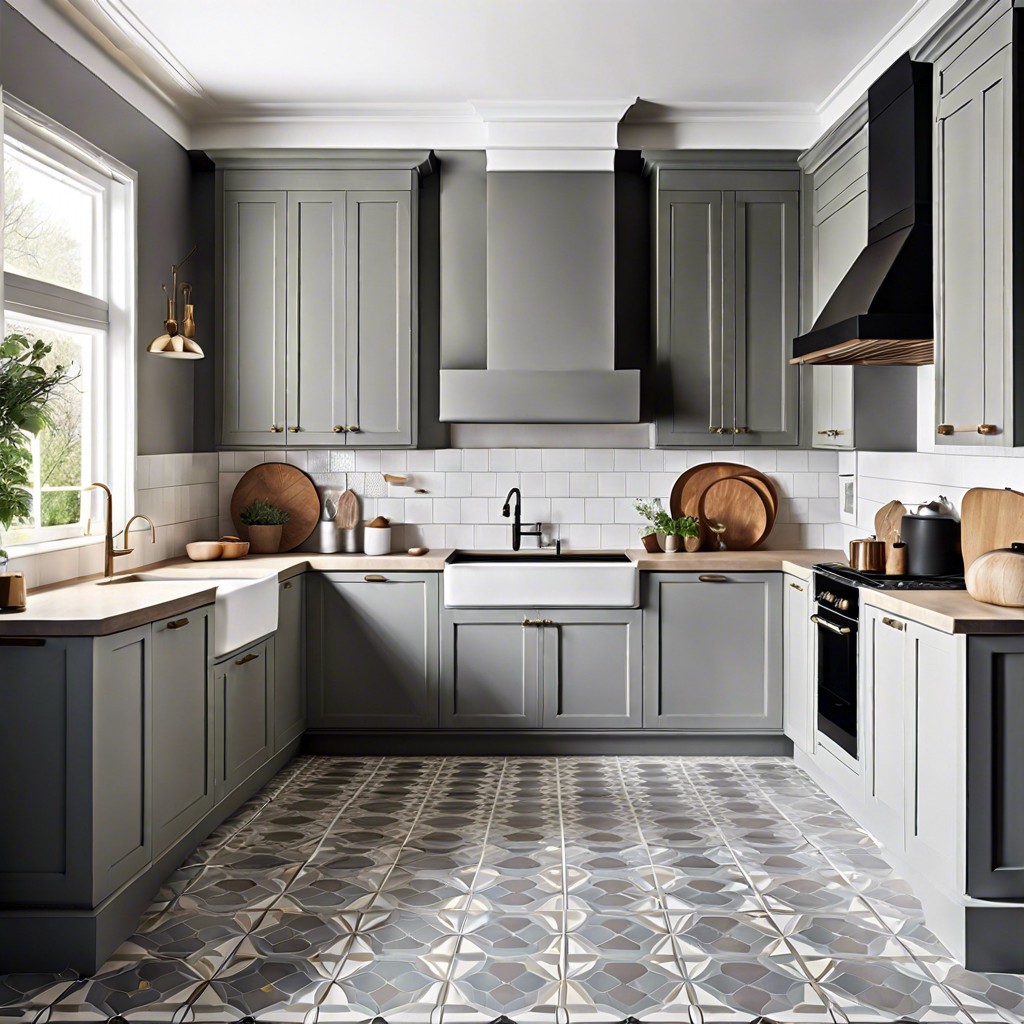 soft grey cabinets with bold patterned floor tiles