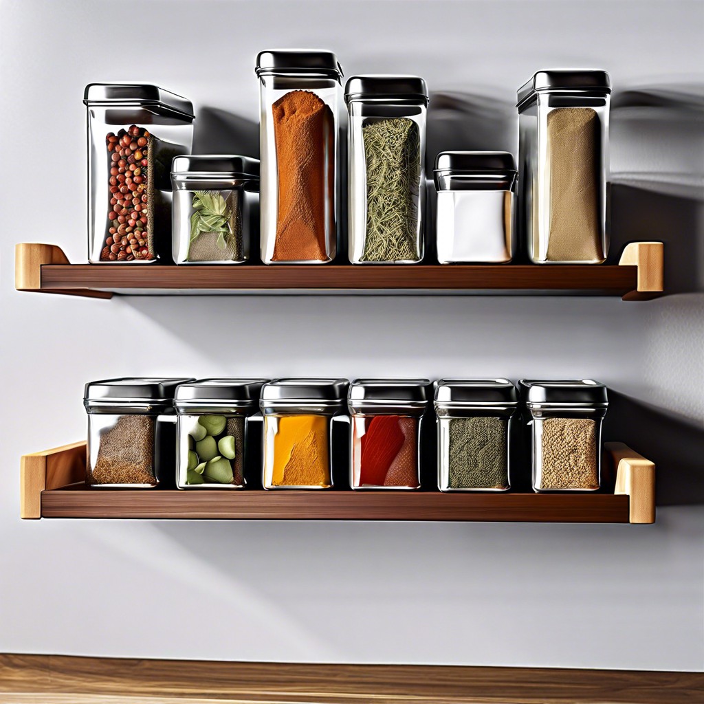 stackable square spice tins on floating shelves