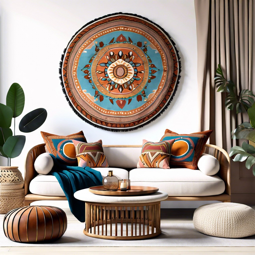 style a circle couch with bohemian pillows and throws for a chic look