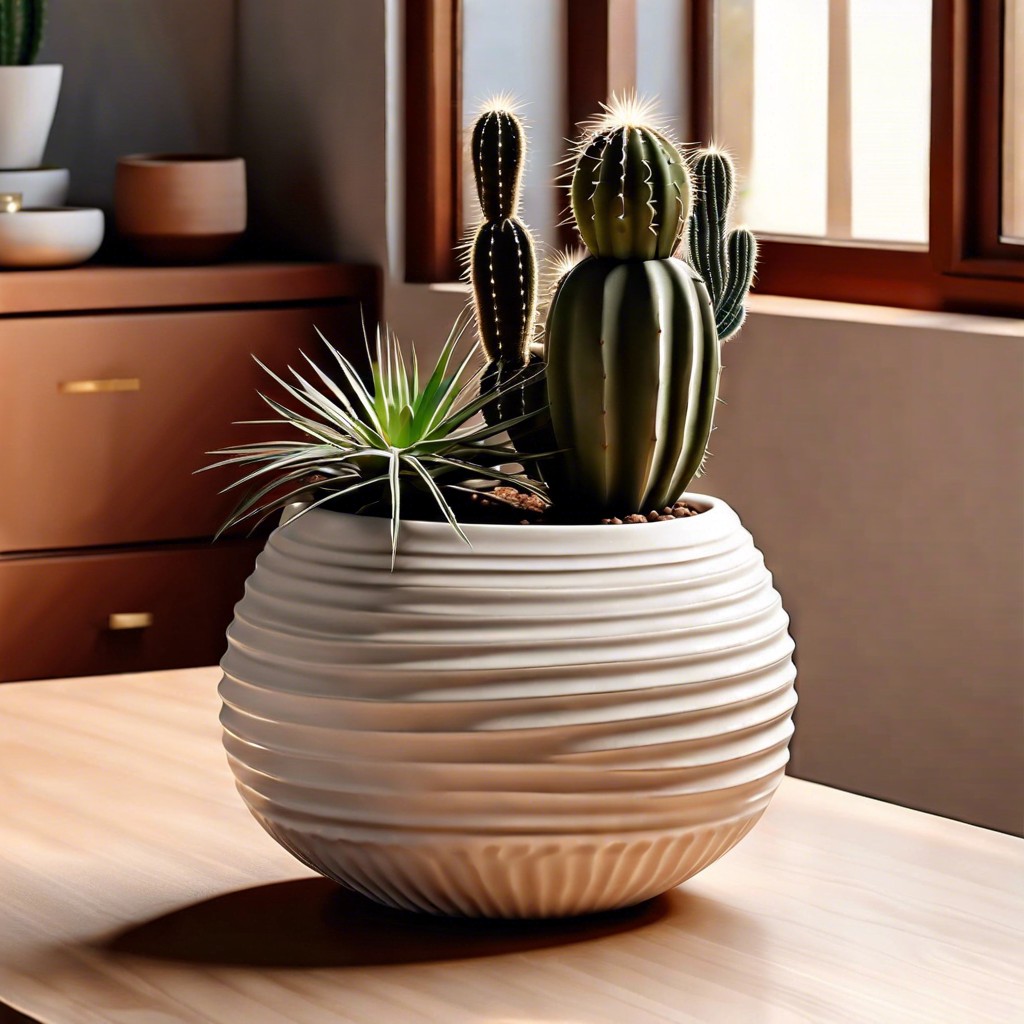tabletop ceramic fluted planter with cacti