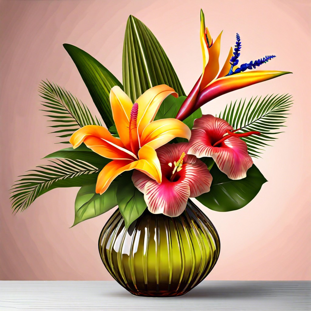 tropical flowers in fluted vase