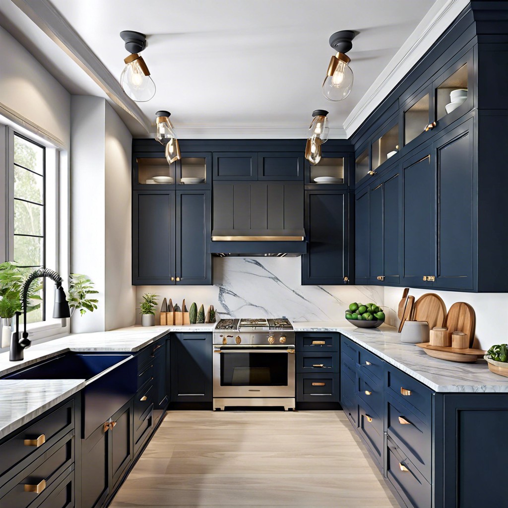 two tone grey upper and navy lower cabinets