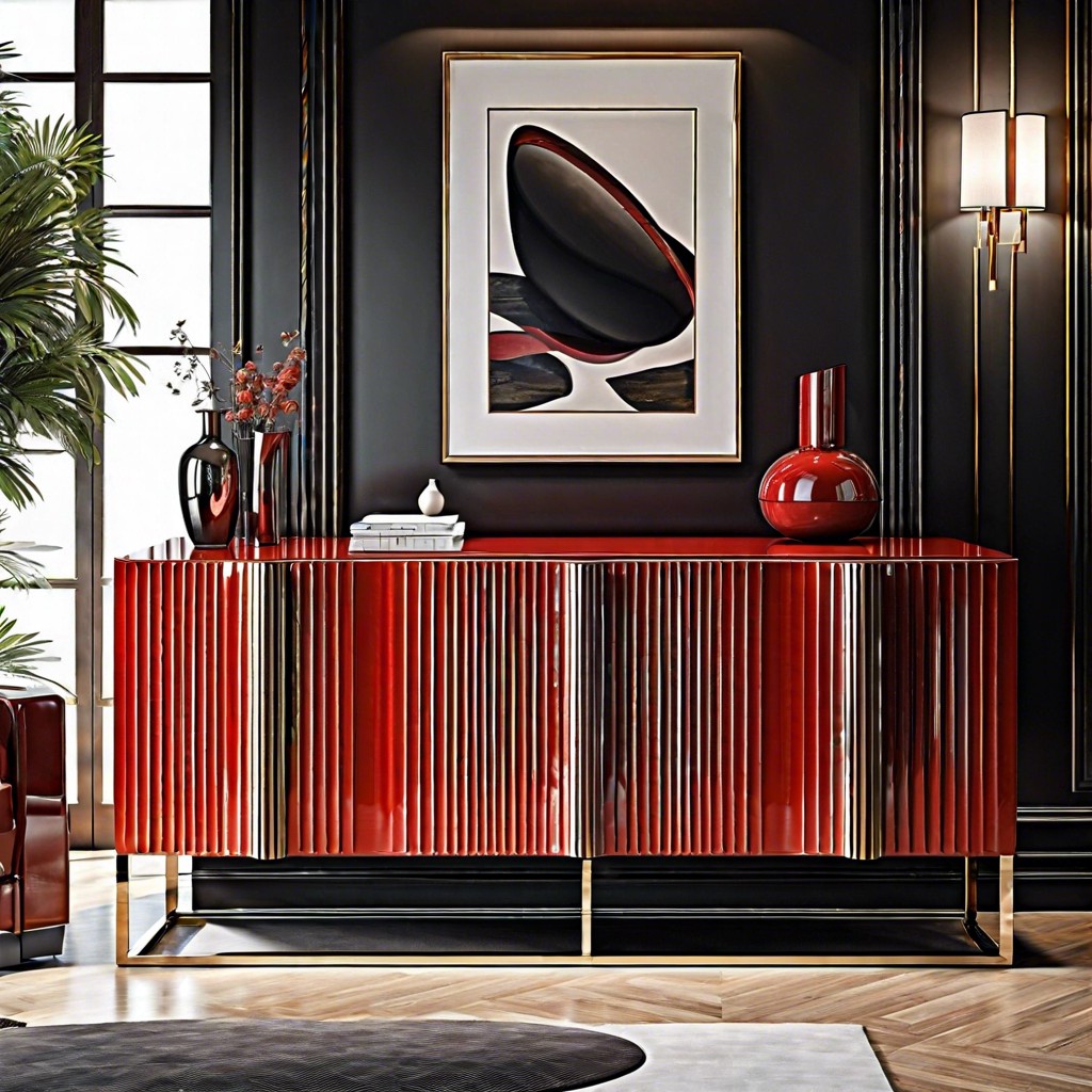 ultra modern high gloss red fluted credenza