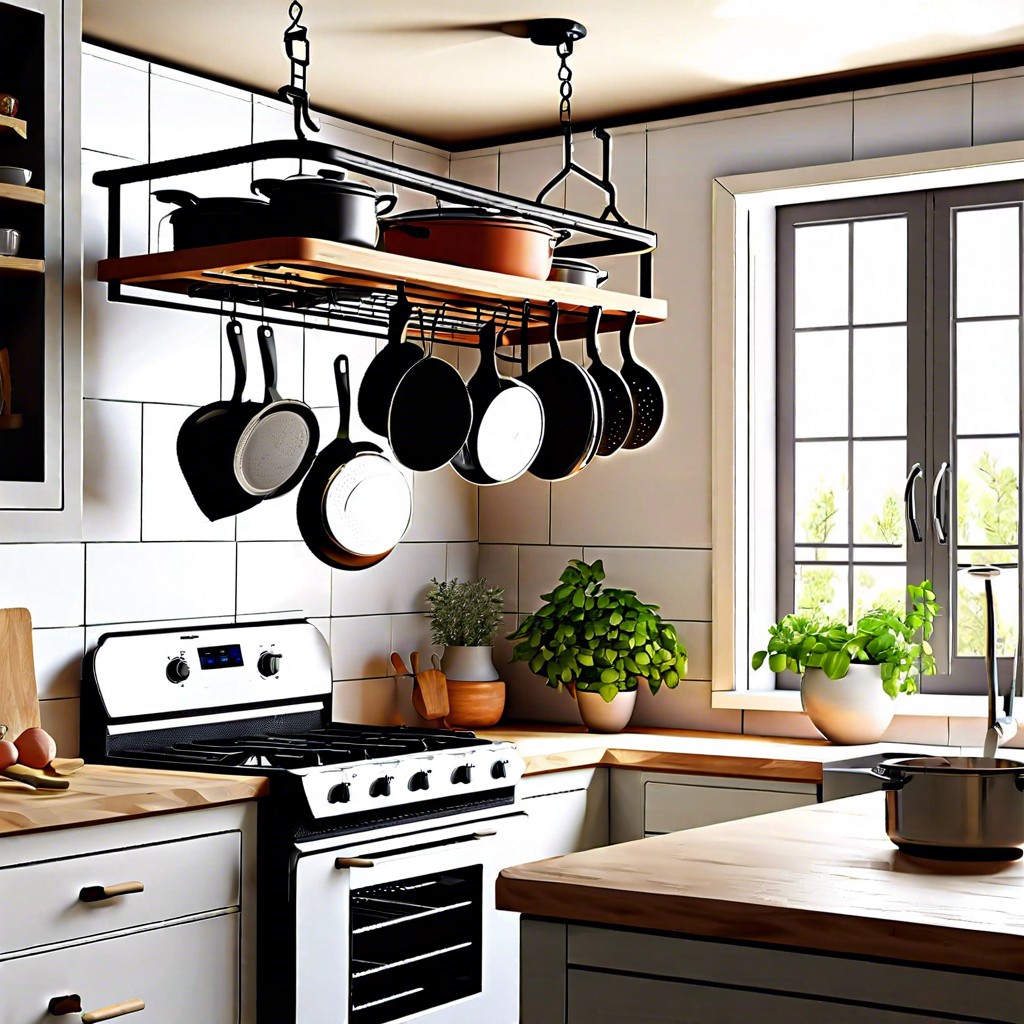 use a ceiling mounted pot rack to save space