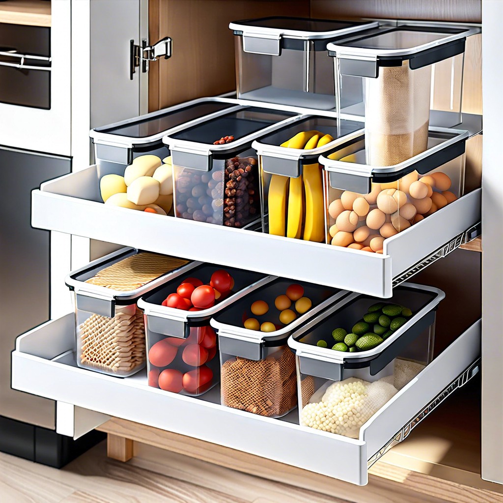 use clear bins for refrigerator style pantry organization