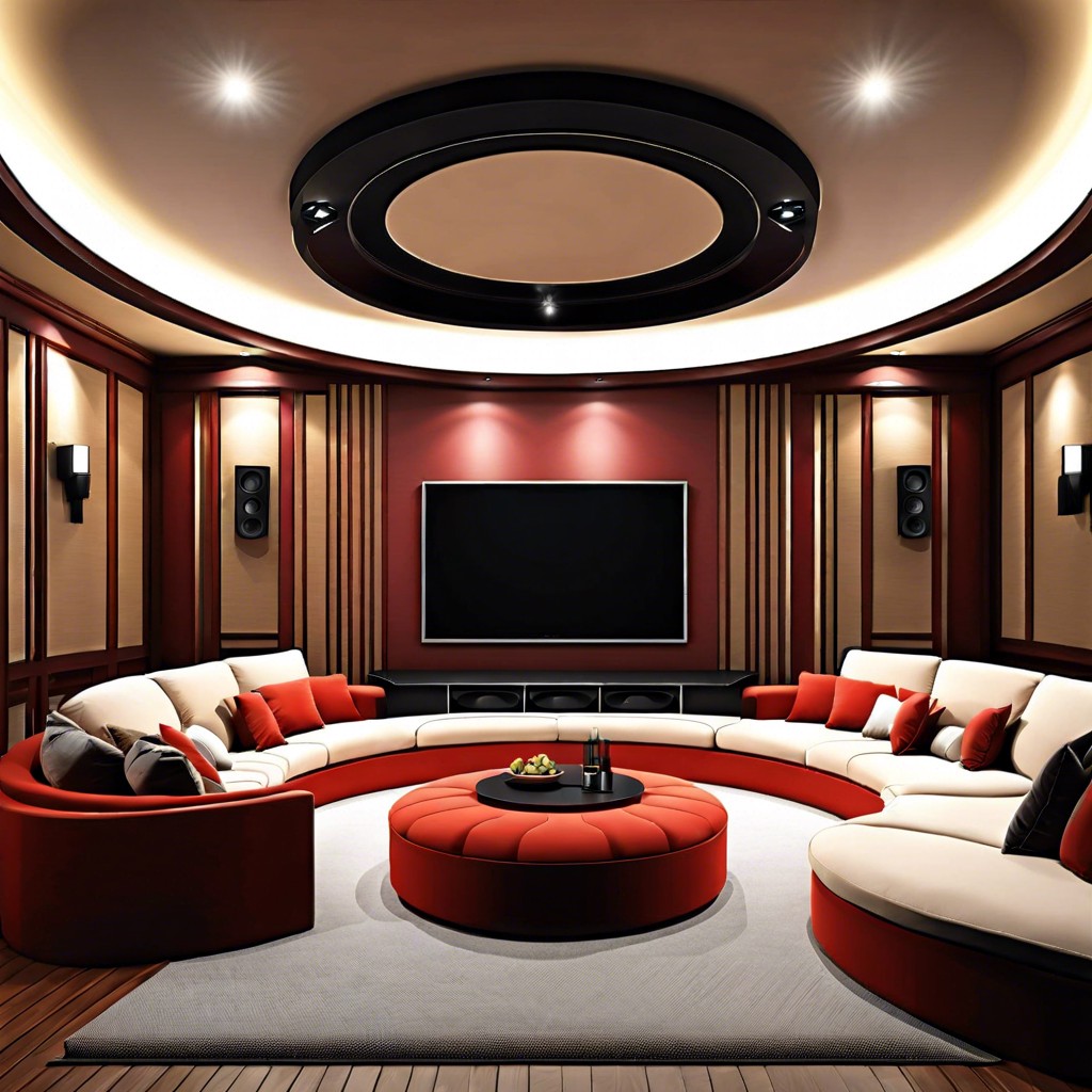 utilize circle couches for a harmonious home theater setup