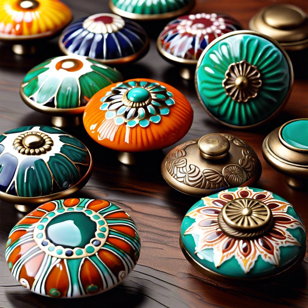 vibrant enamel fluted knobs for bohemian interiors