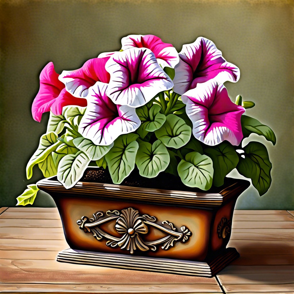 vintage style fluted planter filled with petunias