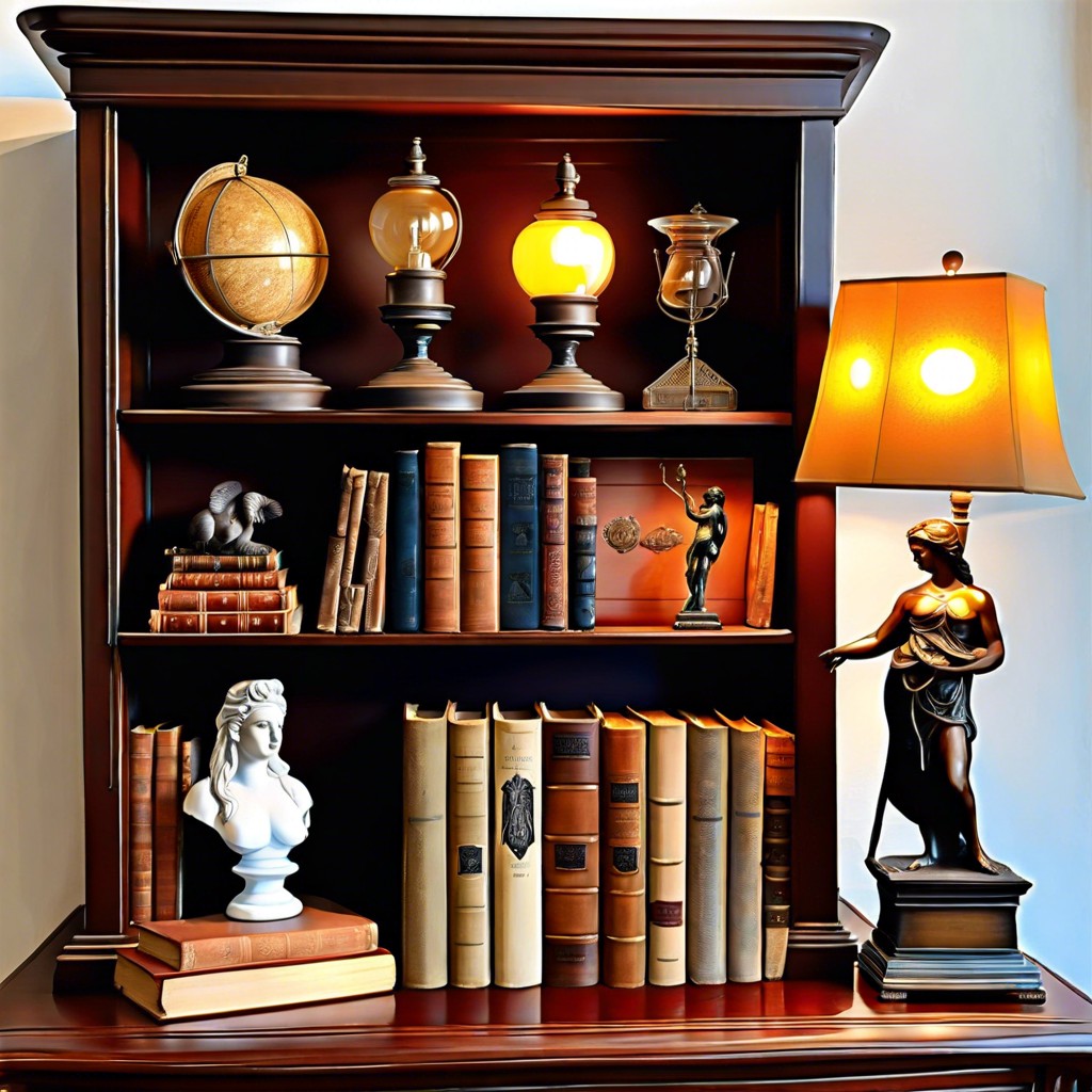 vintage vignette feature a mix of old books antique lamps and classic statues