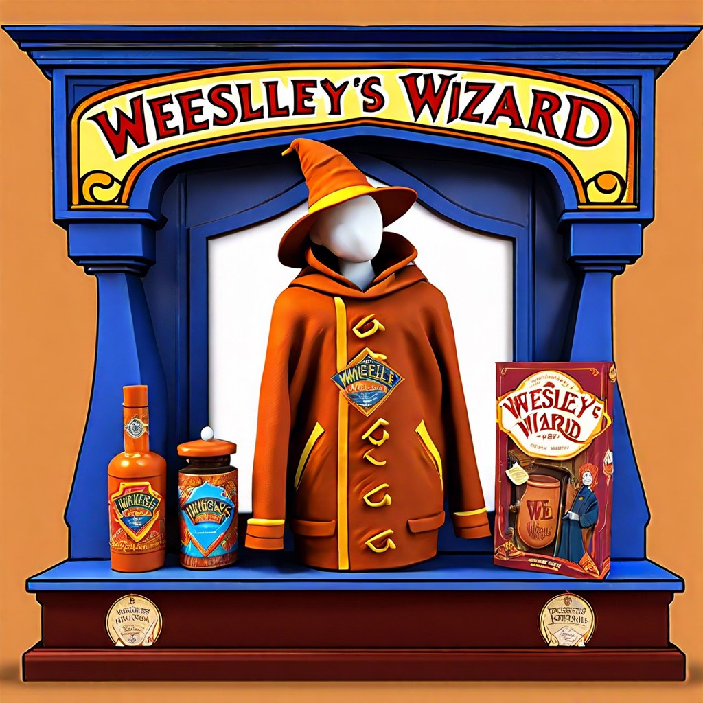 weasleys wizard wheezes display joke shop products on the mantel